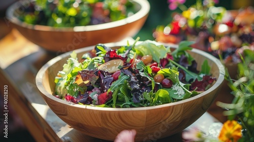 Hearty Wooden Bowl of Mixed Leafy Greens. A hearty bowl of mixed leafy greens, with a diverse mix of colors and textures, served in a rustic wooden bowl ready for a healthy meal.