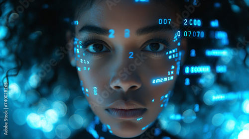 foto minimalista de una mujer negra experta en seguridad cibernética con código AI superpuesto a su alrededor y sobre su cara. photo