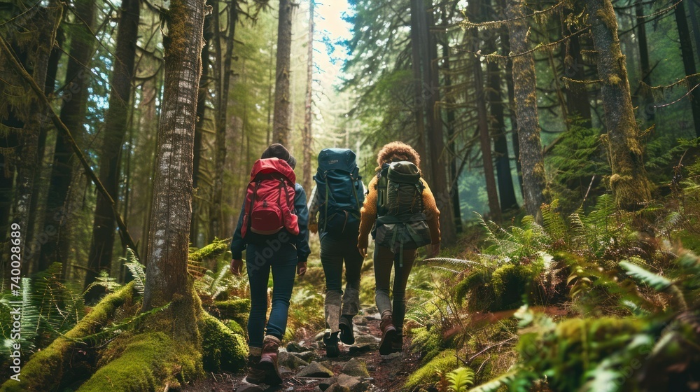 Group of Friends Hiking in Lush Forest. A close-knit group of young adults with backpacks hiking together through a dense, green forest, enjoying nature.