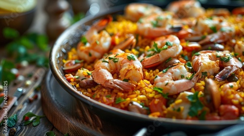 a Spanish paella dish, showcasing seafood and saffron rice, Mediterranean cuisine