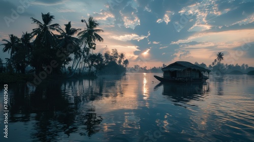 Tranquil Kerala Backwaters with Houseboat at Sunset. Sunset over the calm backwaters of Kerala, with a traditional houseboat floating amidst the palm-lined shores. photo