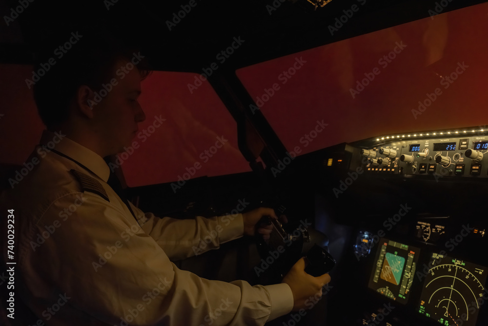 Professional aviator adept control of airplane in fog. Skilled captain transforms cockpit in realm of precision and expertise