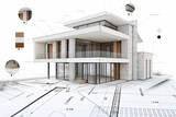 Projet de construction d'une maison moderne d'architecte sous forme d'esquisse avec plan