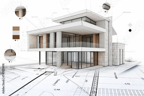 Projet de construction d'une maison moderne d'architecte sous forme d'esquisse avec plan © Chlorophylle