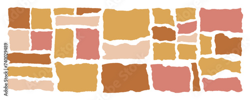 Craft torn ripped paper rectangle shape vector illustration. Cutout beige and brown collage pieces, shred strips, cut sheets with a square grid. Calligraphy border, isolated grunge header background