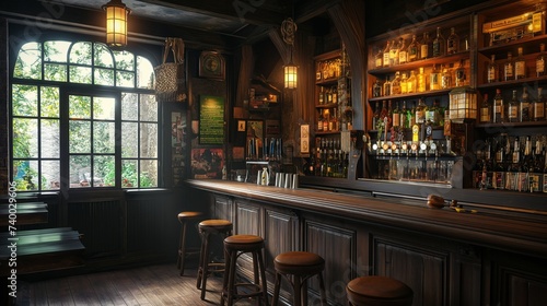 the counter bar in a cosy old english or irish pub with lots of whisky bottles in the background © Wolfilser