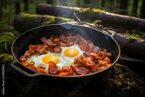 Camping breakfast with bacon and eggs in a forest skillet. Concept Camping, Breakfast, Bacon and Eggs, Forest Skillet, Outdoor Cooking