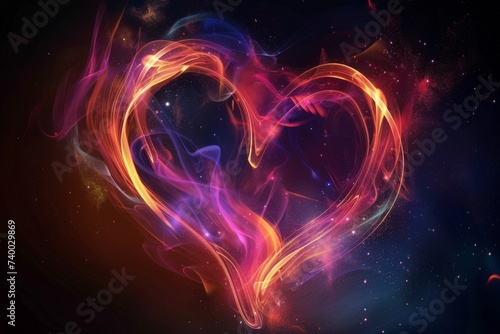 Digital art piece featuring a heart-shaped nebula formed by swirling cosmic energies, symbolizing a fiery and passionate love