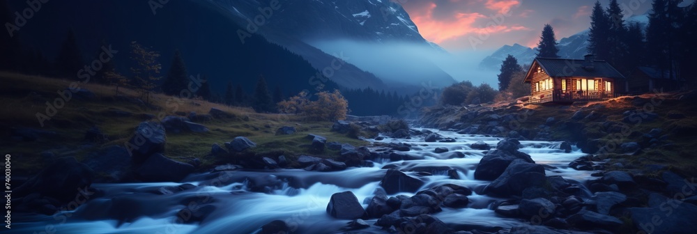 Old romantic illuminated wooden cabin in the mountains by a wild stream torrent at dusk - obrazy, fototapety, plakaty 