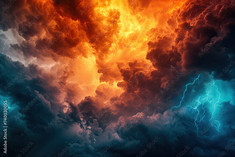 lightning storm with storm clouds and flame on the sky. gloomy cloudy dramatic ominous epic sky background lightning storm with storm clouds and flame on the sky. gloomy cloudy dramatic ominous epic sky background