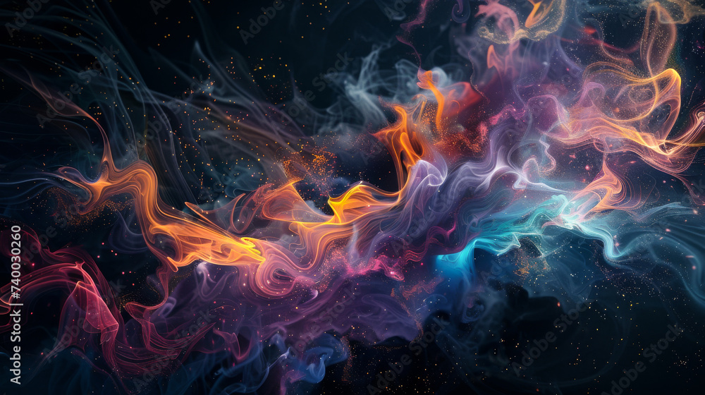 Vibrant swirls of digital smoke in red, blue, and orange hues against a dark backdrop, creating a mesmerizing abstract pattern.