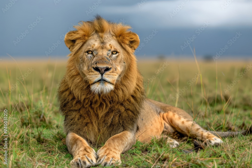 Majestic lion lying on the savannah grass, with a dramatic stormy sky in the background, symbolizing strength and the wild beauty of Africa