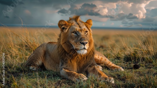 Majestic lion lying on the savannah grass, with a dramatic stormy sky in the background, symbolizing strength and the wild beauty of Africa © arhendrix