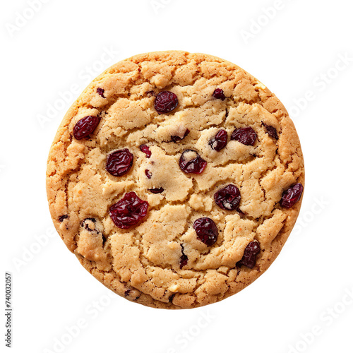 top view of a delicious looking single Orange Cranberry cookie isolated on a white transparent background