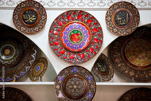 Colorful Collection of Uzbekistan National Souvenir Plates on Shelf