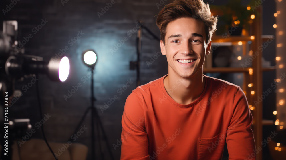 Fototapeta premium Cheerful young man recording podcast in studio with copy space. Smiling caucasian man talking on web radio. Social media influencers or content maker concept in relaxed casual style at home.