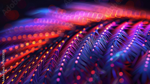 Abstract image showcasing vibrant neon light reflections creating patterns on delicate bird feathers