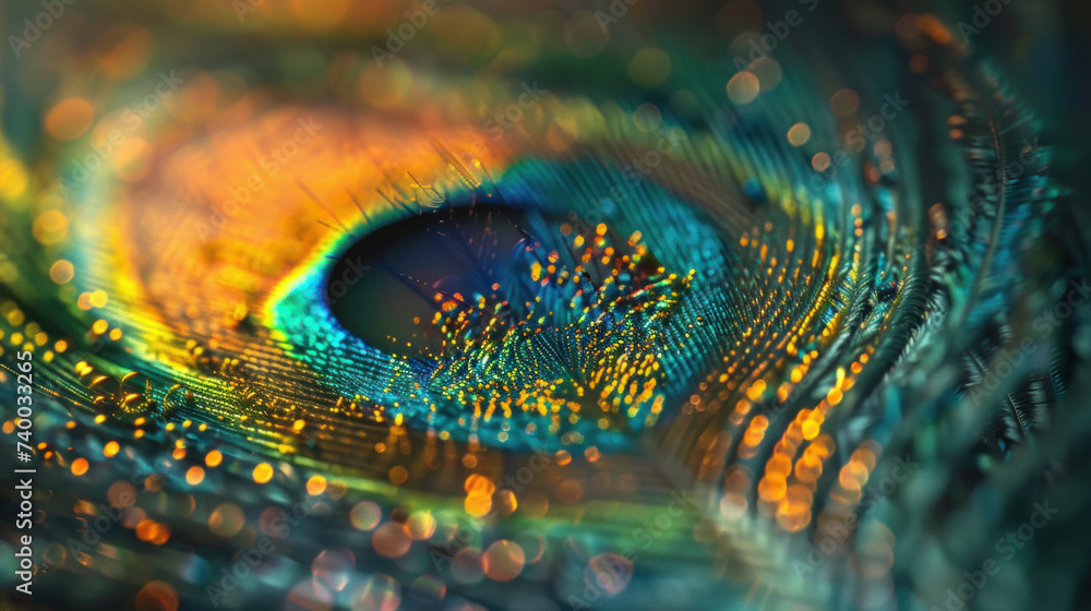 Obraz premium Psychedelic image of a peacock feather, fantastic colors, microscopic, macro