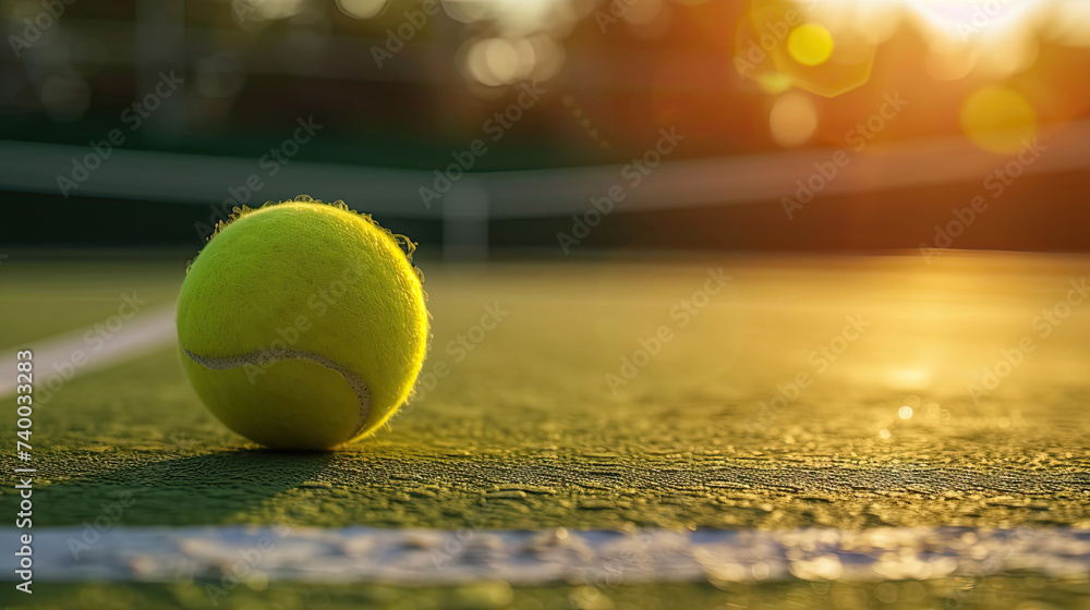 close up of tennis ball on tennis court with bokeh background