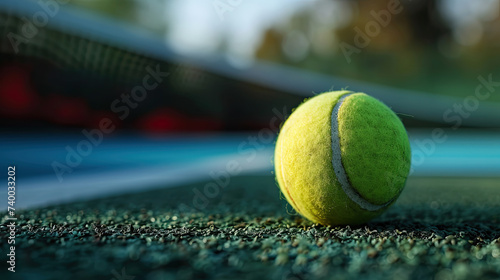 close up of tennis ball on tennis court with bokeh background © Rangga Bimantara