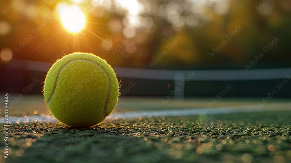 close up of tennis ball on tennis court with bokeh background