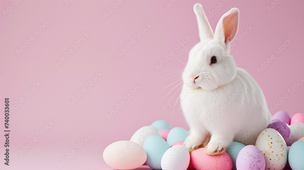 Cute white rabbit sitting on top of colorful easter eggs on a pink background with text copy space on left - obrazy, fototapety, plakaty 