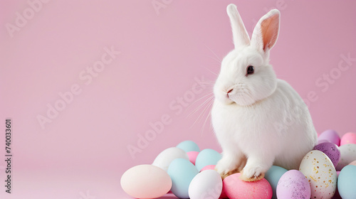 Cute white rabbit sitting on top of colorful easter eggs on a pink background with text copy space on left photo