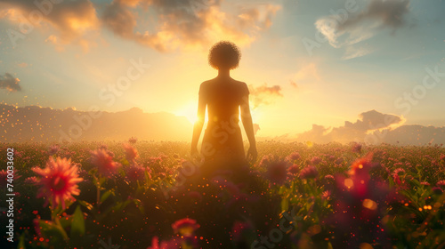 Woman Enjoying Sunset in Blossoming Flower Field