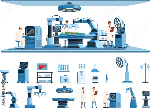Medical robot operator icons set cartoon vector. Surgery computer. Hospital innovation
