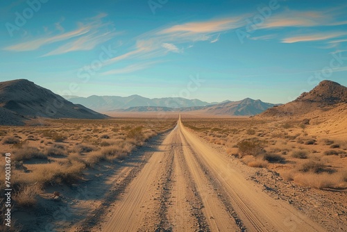 Remote dirt road traverses desert wilderness, evoking adventurous spirit