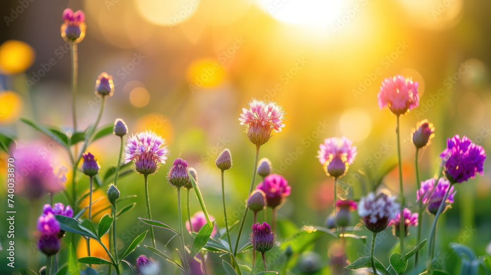 Obraz premium Field of wild flowers, mystical foggy morning