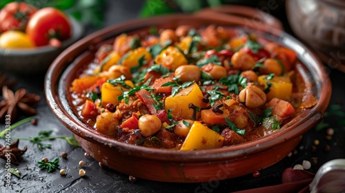 a Moroccan tagine dish, vibrant colors and spices, North African cuisine, photo
