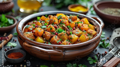 a Moroccan tagine dish, vibrant colors and spices, North African cuisine, photo
