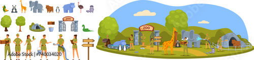 Zookeeper icons set cartoon vector. Zoo park animal. Summer feeding wild animal photo