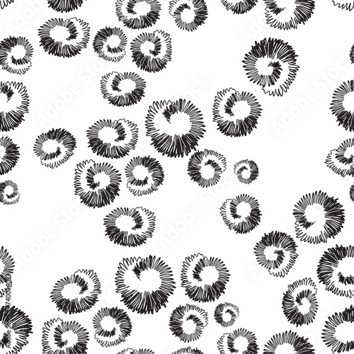 Spiral shapes on white background vector seamless pattern. Hand drawn elements shaped as snails arranged in surface art texture for printing or usage in graphic design projects.