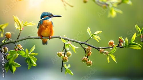 Common kingfisher sits on willow branch with fresh green, Hesse, Germany