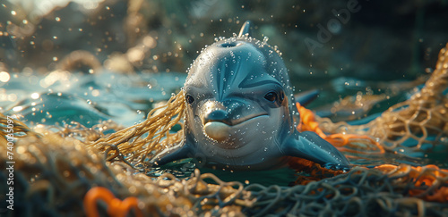 Smiling dolphin swimming near the ocean surface entangled in a fishing net, highlighting marine life and pollution issues. © Gayan