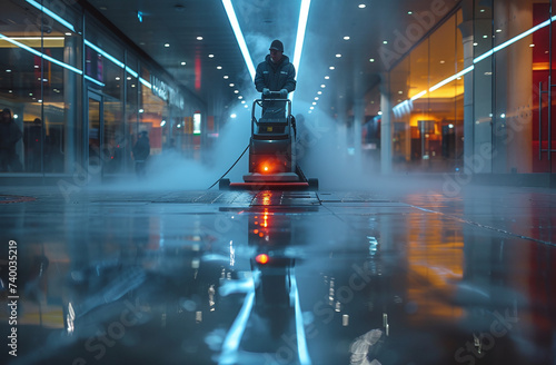 Person operating a floor cleaner at night in a futuristic, neon-lit corridor with misty ambiance.