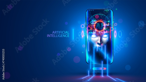 AI with scary face on screen phone. Head chat bot with lightning eyes. Bad Artificial Intelligence in image cyborg look at eyes. Malicious AI or computer ransomware virus taken over mobile phone.