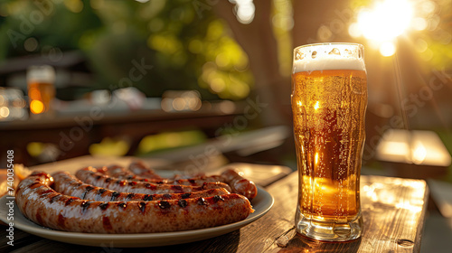 sausages serving on plate and a glass of beer on table outdoors