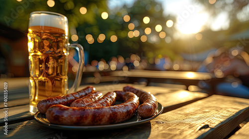sausages serving on plate and a glass of beer on table outdoors