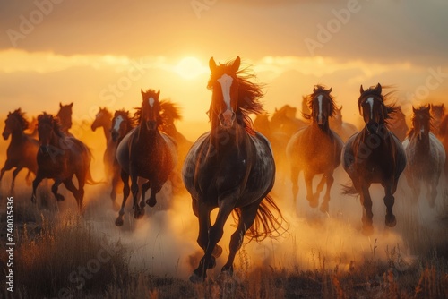 pack of wild horses galloping through a dust cloud in the desert at sunset