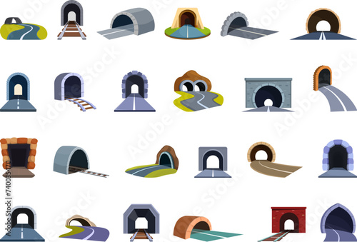 Arch tunnel icons set cartoon vector. Road car entrance. Underpass freeway