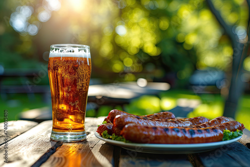 sausages serving on plate and a glass of beer on table outdoors