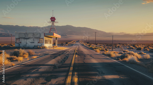  Old abandoned rusty gas station on the deserted empty cracked asphalt road side somewhere on the America's South. Mountain view vanilla sky sunset landscape. Traveling and transportation concept imag