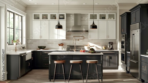 A contemporary kitchen with two toned cabinets, featuring white upper cabinets and dark gray lower cabinets for a modern contrast photo