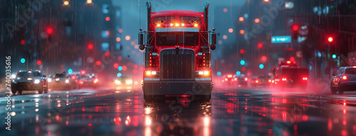 Semi-truck on wet city street at night with vibrant bokeh lights