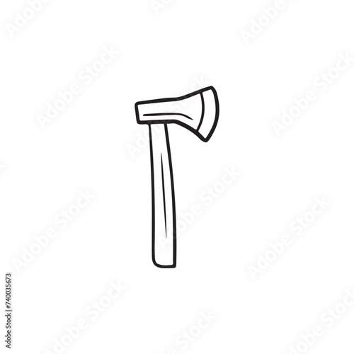 Realistic ax with a wooden handle for chopping wood in black isolated on white background. Hand drawn vector sketch doodle illustration in vintage engraved style. Camping equipment carpenter, forester