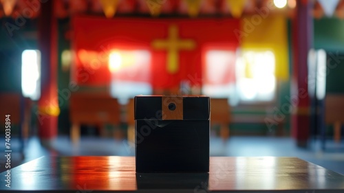 Ballot Box in Conference Room with Blurred International Flags in Background in the colors of Macedonia © Anna