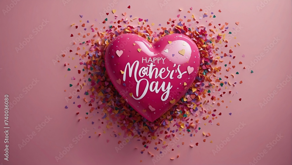 Happy Mother's Day Greeting with Heart and Confetti on Pink Background